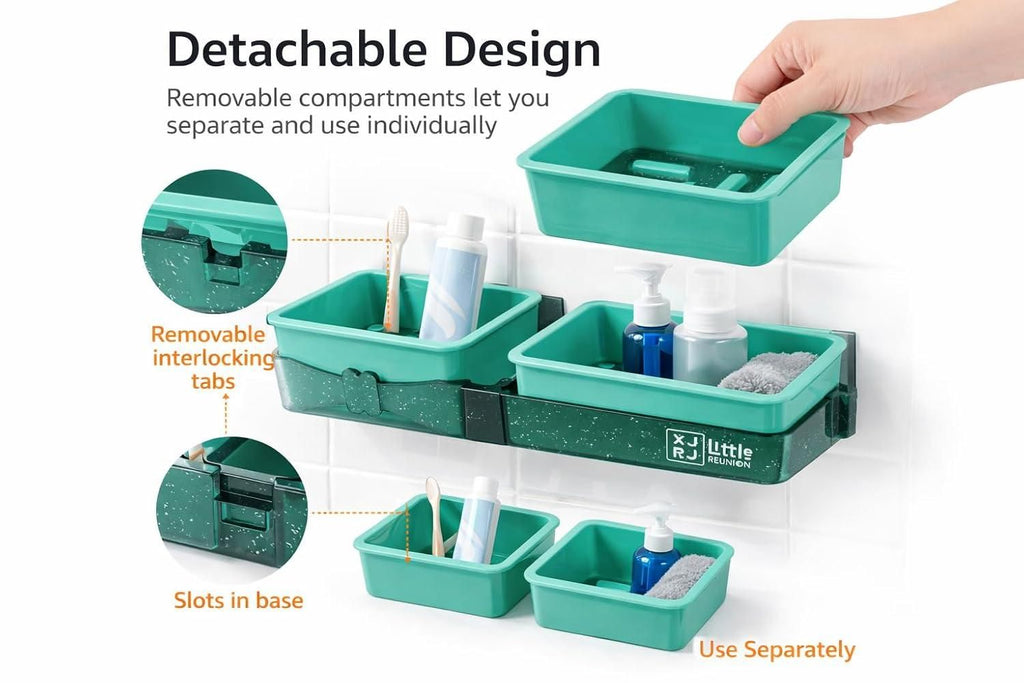 Wall-Mounted Bathroom Shelf with Hooks No-Drill Self-Adhesive Dual Compartment Storage Shelf